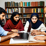 **A diverse group of translators collaborating around a table, surrounded by books, laptops displaying translation software, and cultural artifacts from both India and the Arab world. The scene should convey a sense of teamwork, cultural understanding, and linguistic expertise.**