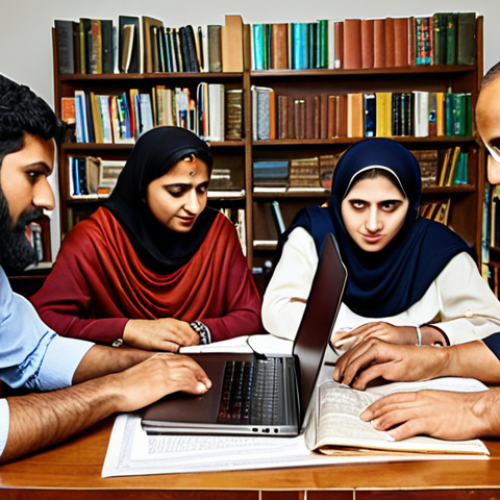 **A diverse group of translators collaborating around a table, surrounded by books, laptops displaying translation software, and cultural artifacts from both India and the Arab world. The scene should convey a sense of teamwork, cultural understanding, and linguistic expertise.**