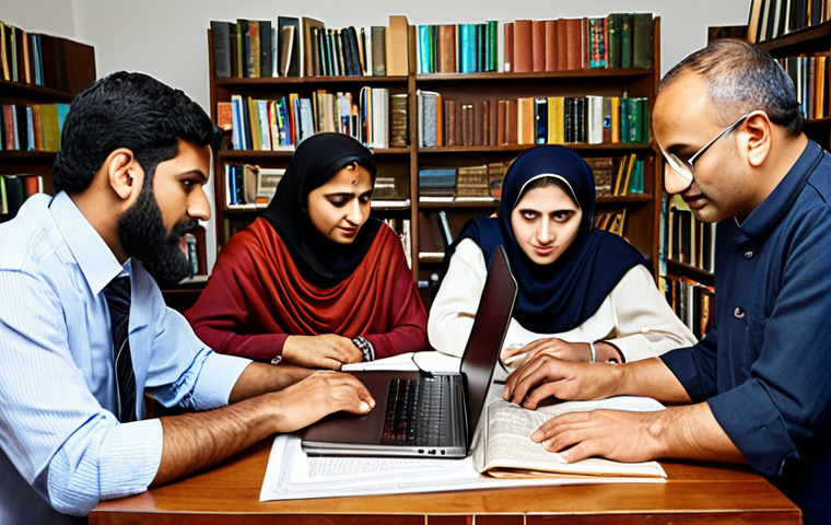 **A diverse group of translators collaborating around a table, surrounded by books, laptops displaying translation software, and cultural artifacts from both India and the Arab world. The scene should convey a sense of teamwork, cultural understanding, and linguistic expertise.**